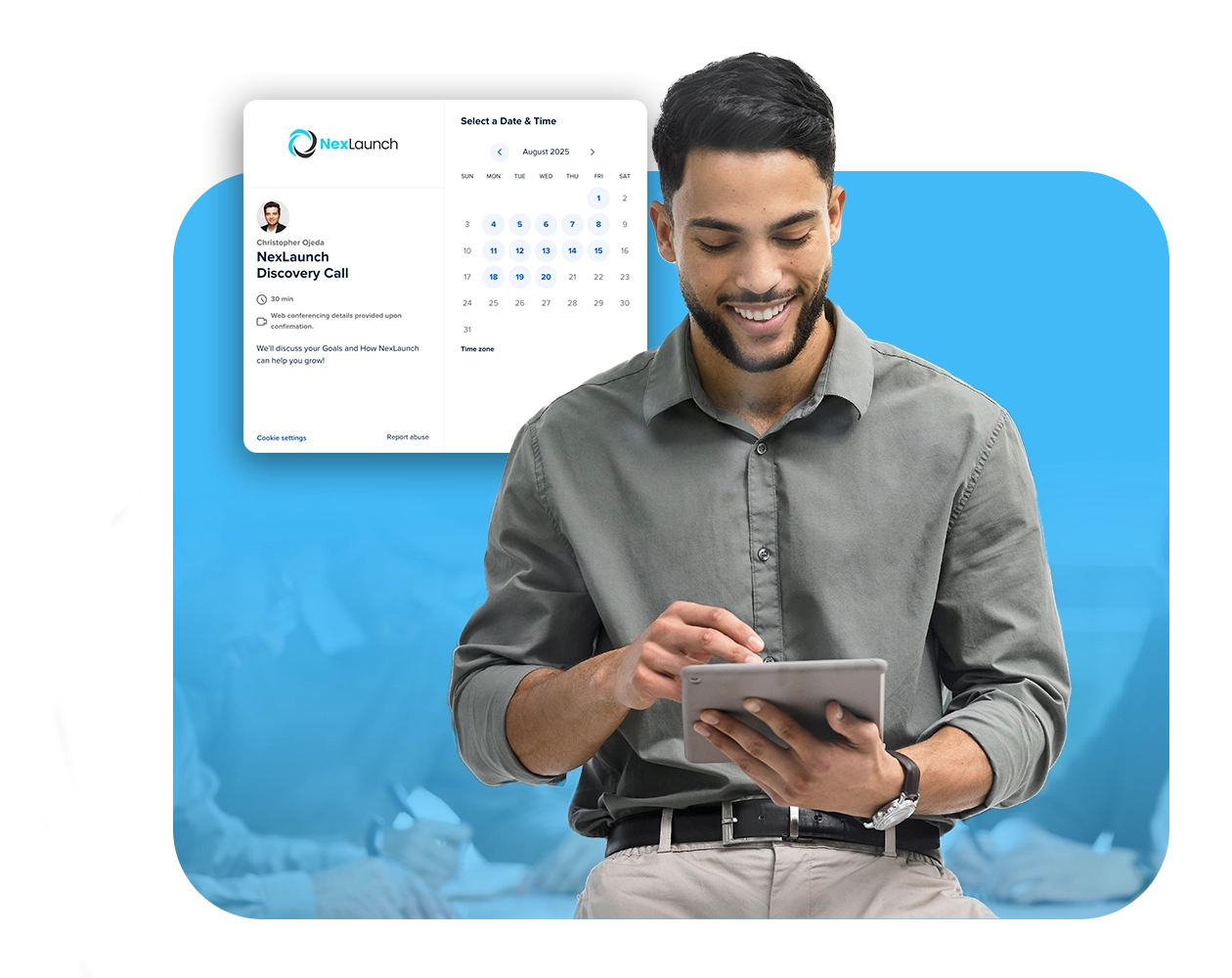 Person scheduling a discovery call on a tablet