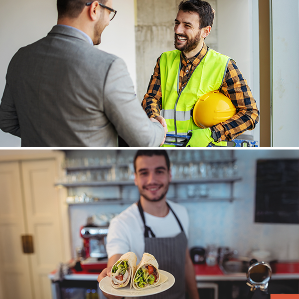 Business deal handshake and restaurant owner serving customers