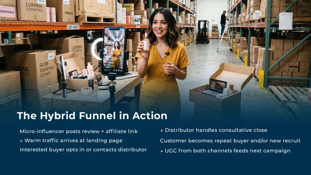  A female creator filming a product review in a beauty warehouse. Below the image, a diagram titled "The Hybrid Funnel in Action" explains the flow from influencer traffic to distributor closing.