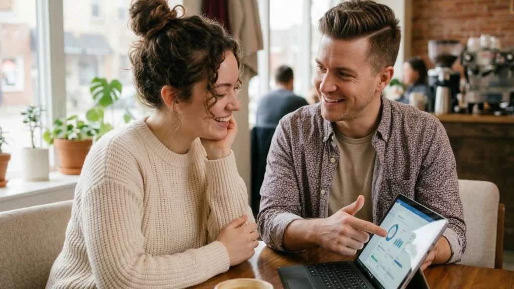 A man and a woman smiling and looking at a laptop screen in a cafe, where the man is pointing at a circular performance chart, representing relationship-based selling.