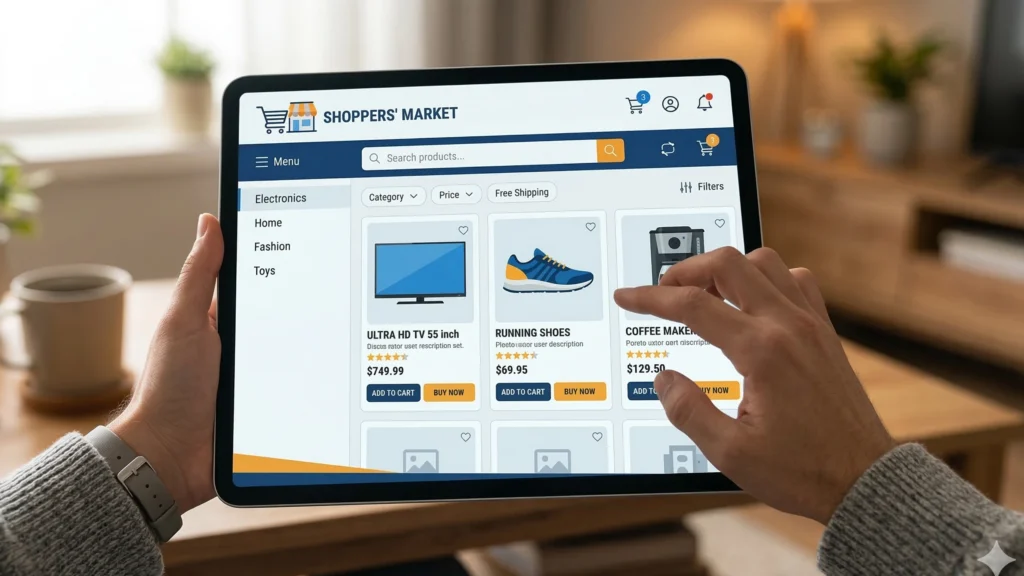 Close-up of hands using a tablet to browse an e-commerce site called "Shoppers' Market," showing product listings for an Ultra HD TV, running shoes, and a coffee maker with "Buy Now" buttons