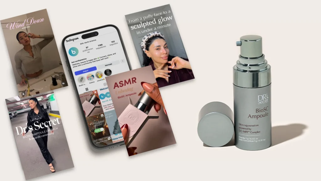 A collage of social media posts and a smartphone displaying an Instagram profile, alongside a grey metallic bottle of "Dr's Secret BioSC Ampoule" skincare. The posts feature influencers demonstrating the product and attending a launch event.