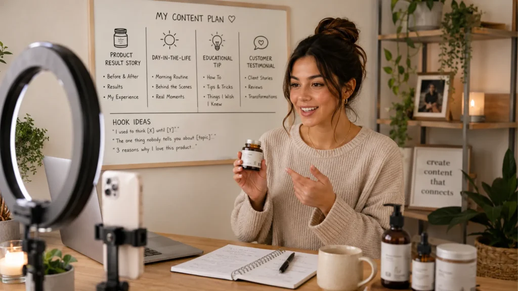 A content creator filming a video with a smartphone and ring light setup. She points smilingly at a small product bottle in her hand. In the background, a large whiteboard titled "MY CONTENT PLAN" displays a strategy breakdown with categories like "Product Result Story" and "Day-In-The-Life." Skincare products and an open notebook sit on the desk.