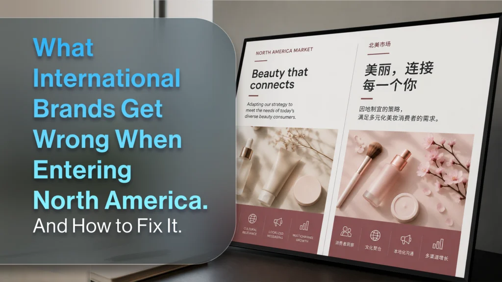 A marketing team reviewing bilingual campaign content on a screen, representing an international beauty brand adapting its strategy for the North American market.