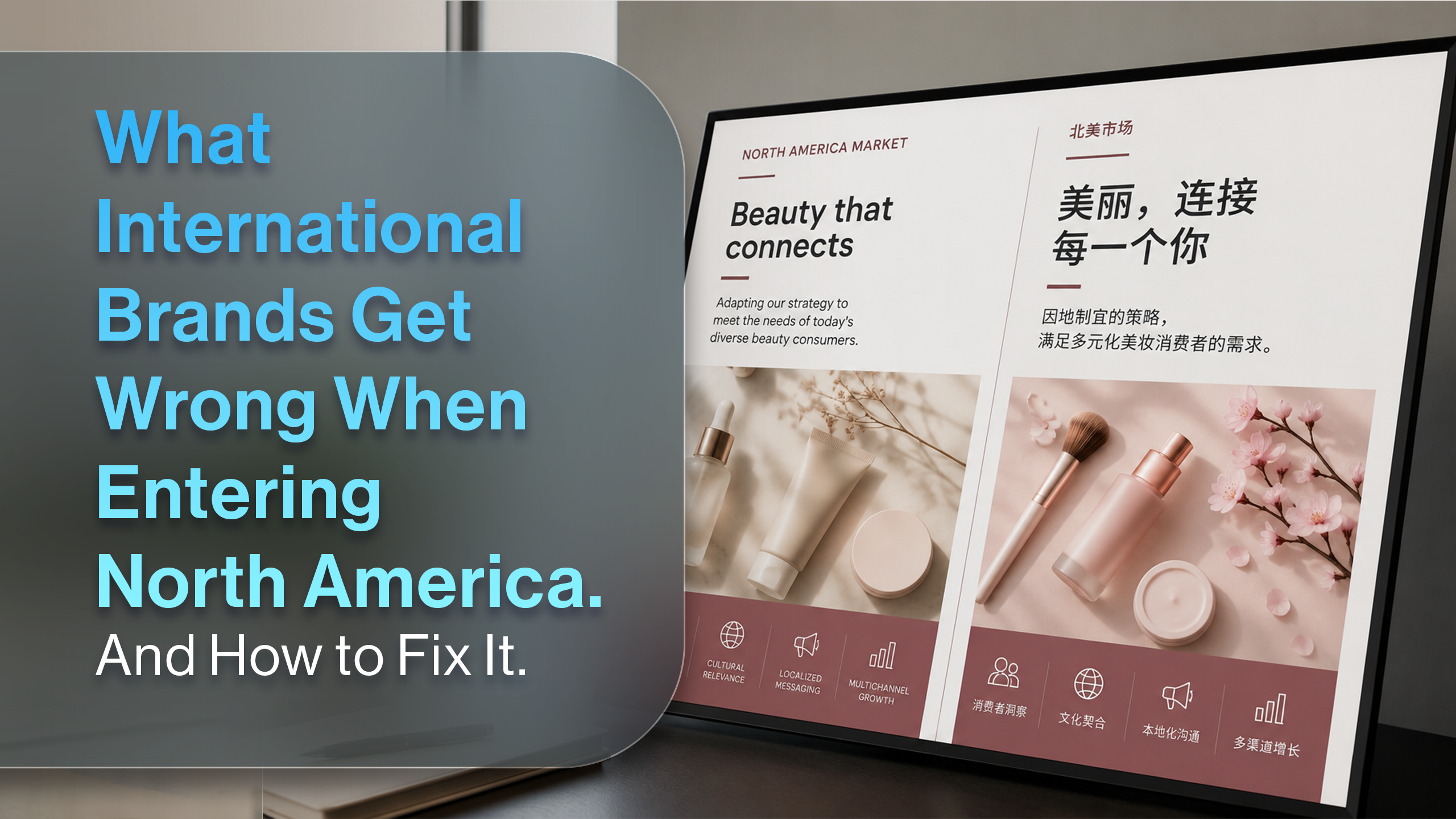 A marketing team reviewing bilingual campaign content on a screen, representing an international beauty brand adapting its strategy for the North American market.