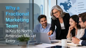 A senior marketing strategist working alongside an international brand team, representing the partnership model of a Fractional Marketing Team for North American market entry.