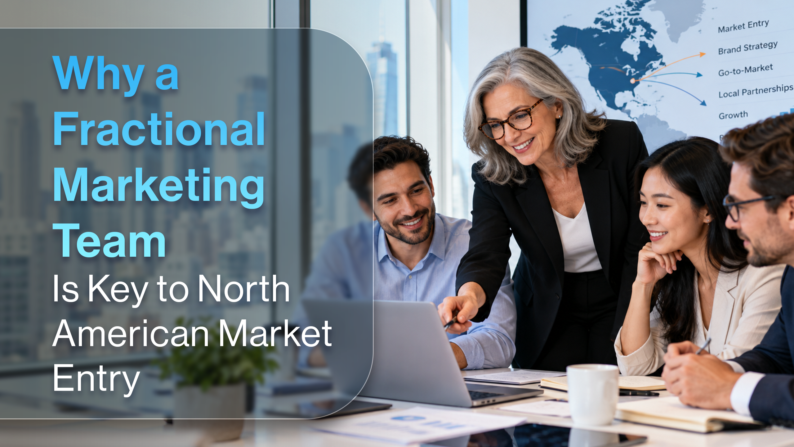 A senior marketing strategist working alongside an international brand team, representing the partnership model of a Fractional Marketing Team for North American market entry.