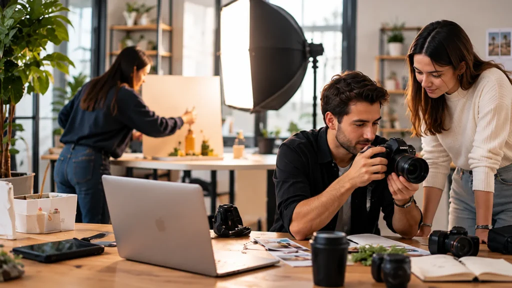 A creative team in a photography studio; a man holds a camera while a woman leans in to view the camera screen, with a laptop, studio lights, and another colleague setting up a photo backdrop in the background.