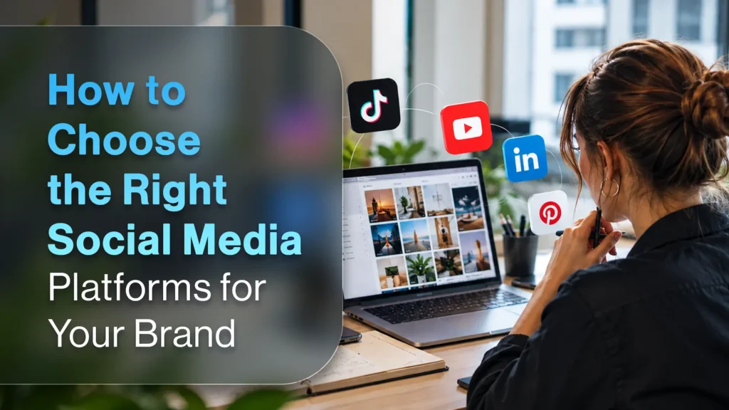 A person working on a laptop at a desk, with social media icons (TikTok, YouTube, LinkedIn, Pinterest) floating around the screen. On the left side, overlay text reads "How to Choose the Right Social Media Platforms for Your Brand